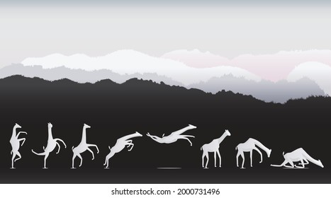8 action of back and white giraffe with mountain range background.