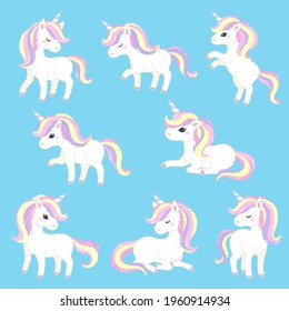 The 8 actions of a unicorn, such as standing, sitting, and raising your feet.