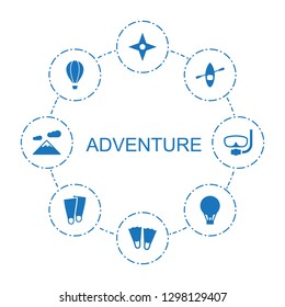 8 adventure icons. Trendy adventure icons white background. Included filled icons such as compass, flippers, rowing boat, air balloon, mountain. adventure icon for web and mobile.