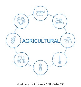 8 agricultural icons. Trendy agricultural icons white background. Included line icons such as tractor, wheat, turkey, pitchfork. agricultural icon for web and mobile.