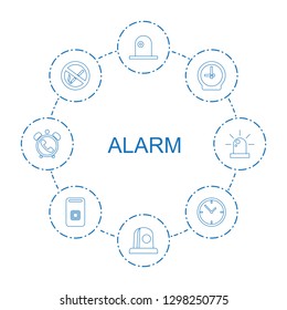 8 alarm icons. Trendy alarm icons white background. Included line icons such as siren, clock, no smoking, door ringer. alarm icon for web and mobile.