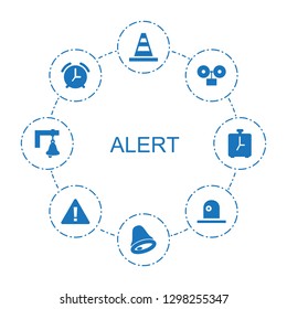 8 alert icons. Trendy alert icons white background. Included filled icons such as cone, bell, alarm, siren, warning. alert icon for web and mobile.