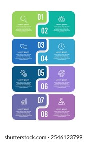 8 modelo de design de opções de infográfico vertical alternado. Apresentação de negócios, banner, folheto, cartaz e planejamento. Ilustração vetorial.