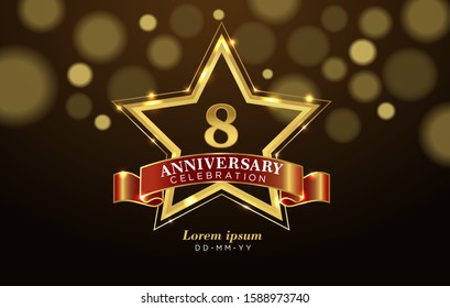 8 Anniversary celebration with golden number and star on luxury brown background. 