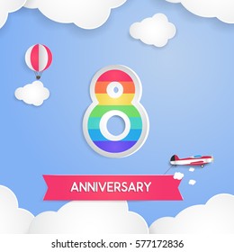 8 Anniversary Celebration Logo with Rainbow Colored and using Paper Art Design Style