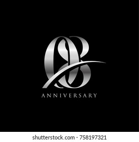 8 anniversary elegance silver logo. linked number with swoosh on black background