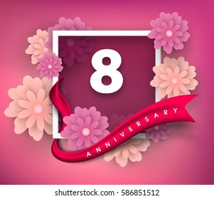 8 anniversary invitation card. Vector invitation card or Anniversary emblems template design. Design with abstract background and elegant frame with ribbon decorated and 3d flowers.