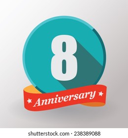 8 Anniversary   label with ribbon. Flat design.