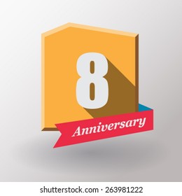 8 Anniversary   label with ribbon. Flat design.