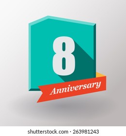 8 Anniversary   label with ribbon. Flat design.