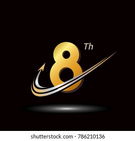 8 anniversary logo with swoosh shiny gold color on black background