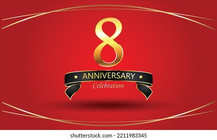 8 Aniversario de fondo rojo. Cartel del 8° aniversario de oro. celebración del aniversario rojo. Aniversario dorado con cinta de oro