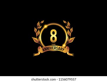 8 anniversary template design for web, Anniversary logo with ring golden colored isolated and wreath on black background