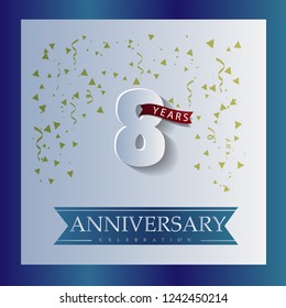8 Anniversary template design white and blue color with a bright blue background