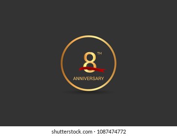 8 anniversary vector design golden color with ring and red ribbon isolated on black background
