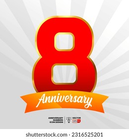 8 Anniversary vector font numbers with ribbon and starburst background. Suitable for icon, logo, symbol, sign, greeting, card, poster, or banner design