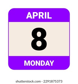 8 April, Monday. Date template. Useful design for calendar or event promotion. Vector illustration EPS 10 File. Isolated on white background. 