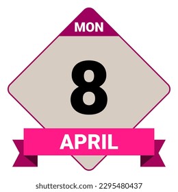 8 April, Monday. Date template. Useful design for calendar or event promotion. Vector illustration EPS 10 File. Isolated on white background. 