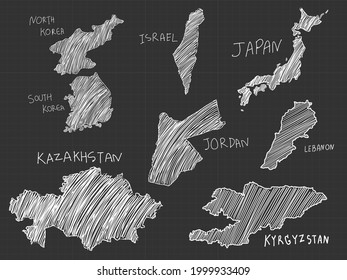 8 of asia map white line  freehand sketch on black background.