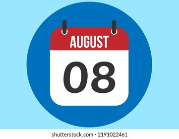 Vector del calendario azul del 8 de agosto. Agosto del calendario con círculo en segundo plano claro.