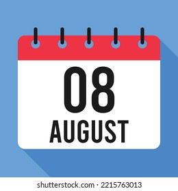 Calendario del 8 de agosto. Fondo Azul. Calendario de vectores.