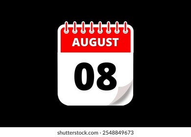 8 August calendar icon text page monthly web design on red, white and black background vector, icon, or illustration with the month of August 8