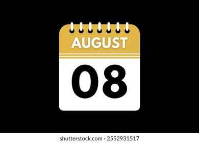 8 August calendar icon text page monthly web design on golden, black, and white background vector, icon, or illustration with the month of August 8