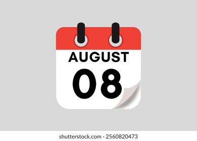 8 August calendar icon text page monthly web design on red, white, black and ash background vector, icon, or illustration with the month of August 8