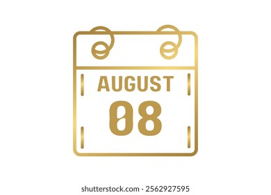 8 August calendar icon text page monthly web design on golden and white background vector, icon, or illustration with the month of August 8