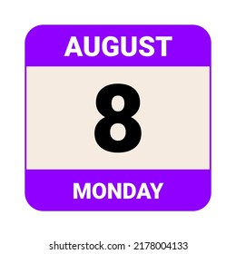 8 de agosto, lunes. Plantilla de fecha. Diseño útil para la promoción de calendarios o eventos. Ilustración vectorial Archivo EPS 10.