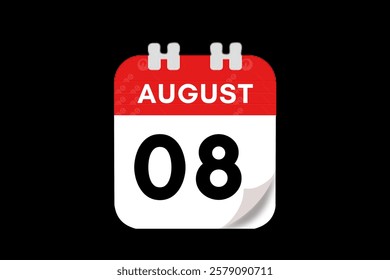 8 August month single day vector, illustration, calendar with red, gray, white and black color background calendar August 8