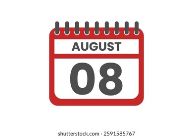 8 August month single day vector, illustration, calendar with red, black and white color background calendar August 8 