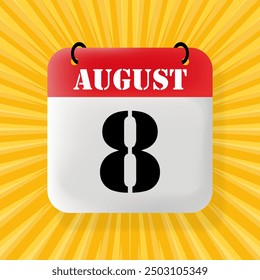 8 August. Speech bubble with calendar 2024, 2025. Year, month, day, week, time management. Planning concept. 3d illustration. Pop art style. Vector line icon for Business and Advertising