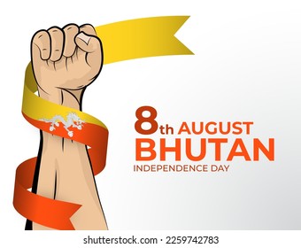 8 August. Vector illustration of Happy Independence Day greeting card for the country of Bhutan with clenched fists and a flag ribbon. Use for banners on a white background.