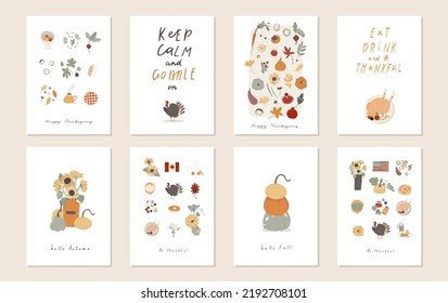 8 autumn mood greeting cards, posters template collection. Welcome fall season thanksgiving invitation, harvest festival set. Colored cartoon flat vector illustration isolated on white background. 