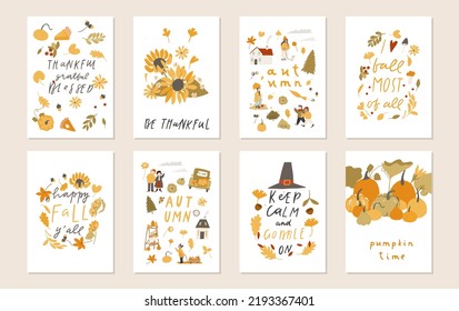 8 autumn mood greeting cards, posters template collection. Welcome fall season thanksgiving invitation, harvest festival set. Colored cartoon flat vector illustration isolated on white background. 