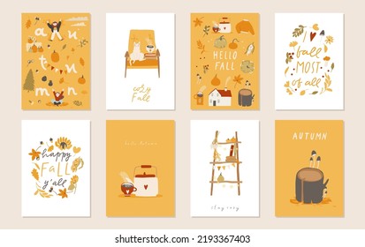 8 autumn mood greeting cards, posters template collection. Welcome fall season thanksgiving invitation, harvest festival set. Colored cartoon flat vector illustration isolated on white background. 