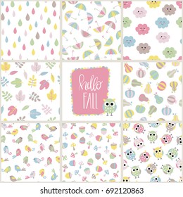 8 Baby pastel different vector seamless patterns with autumn theme. Sweet owl, mushrooms, umbrellas, clouds and other on white background.