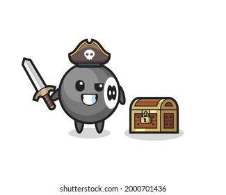 the 8 ball billiard pirate character holding sword beside a treasure box , cute style design for t shirt, sticker, logo element
