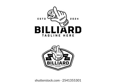 8 ball billiard with tongue out is held mitten, gantlet line art logo design. billiard glove holding black ball outline logo design set. billiard ball illustration logo for billiard club, tournament
