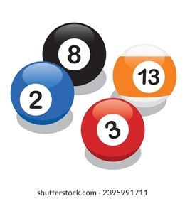 8 ilustraciones vectoriales de bola o de snooker, bola negra, naranja, azul y roja con números, sólidos y rayas.