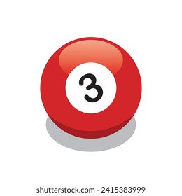 8 Ball oder Snooker, Vektorgrafik, roter fester Ball aus dem Club oder Casino, Nummer 3