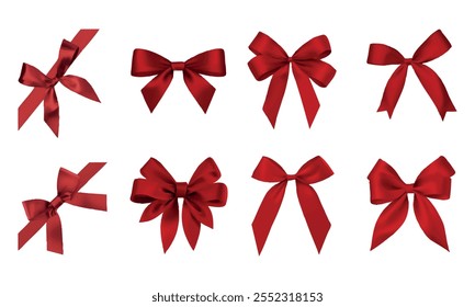 8 hermosos y elegantes lazos de cinta roja aislados sobre fondo blanco o transparente