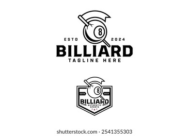 8 billiard ball with cue pool, guidon outline logo design. billiard black ball 8 with stick and flag line art logo design set. billiard ball illustration logo for billiard club and tournament