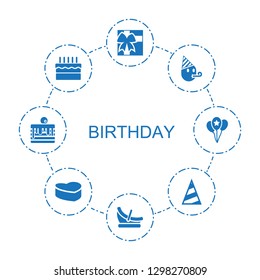 8 birthday icons. Trendy birthday icons white background. Included filled icons such as gift, baby basket, party emot, cake, party hat, heart cake. birthday icon for web and mobile.