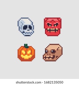 8 bit abstract creepy characters pixel art icons set. Human skeleton, pumpkin and red demon head. Happy Halloween. Design for logo, sticker, mobile app, website. Isolated vector illustration.