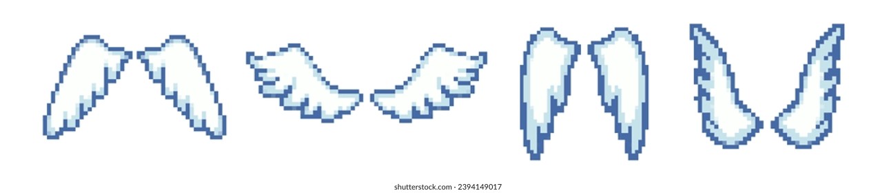  8 bit angel wings retro icon set. Pixel old game cartoon angel wings vector