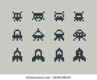 Elementos de juego arcade de 8 bits con iconos (Pixel Art Vector). Alienígenas ovnis, naves espaciales, cohetes de silueta. Vintage 8-bit juego de ordenador. Sprites de videojuegos retro. Sala de juegos Pixelated Space