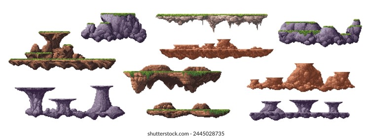 8 bit arcade pixel art game mountain and ground platforms, vector UI assets. Retro video and computer arcade game 2d pixelated rock platforms, floating stone islands and blocks with green grass, moss