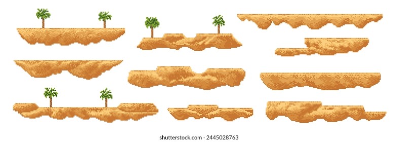 8 bit arcade pixel art game palm, sand dunes and oasis platforms, vector UI environment assets. Retro 2d video game floating jump platforms, exotic beach islands and desert blocks with tropical trees